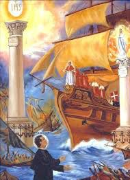 Notice the fiery object in the sky of this famous painting of St. John Bosco's dream of Holy Mother Churh in the End Times.