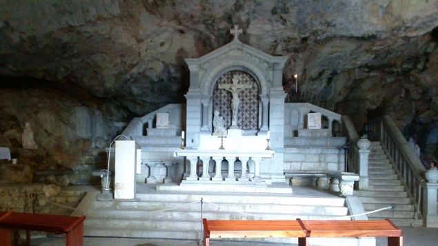 This is the cave where Saint Mary Magdalene lived and prayed. It is high up in the mountains. The visit was beautiful, and we venerated her relics. Sadly, what must have been a beautiful marble altar has been replaced by a masonic table and the tabernacle has been moved to the side. 