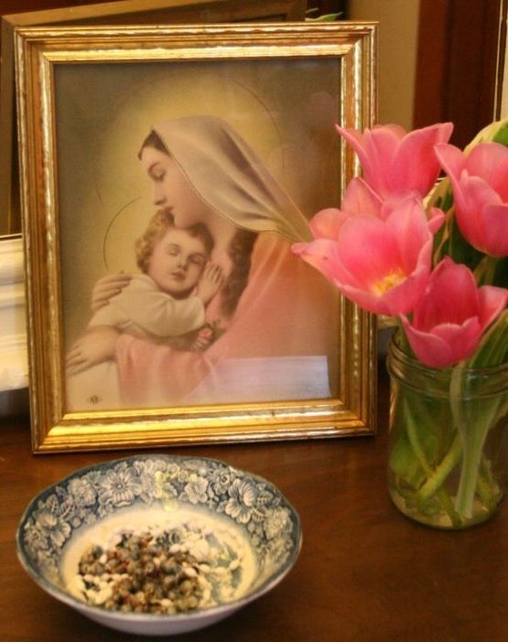 Every one of us can have an altar beside our favourite chair. Choose a favourite holy picture or statue, perhaps a bowl from your mother or grandmother or a favourite aunt, and your favourite rosary. What a beautiful way to live!